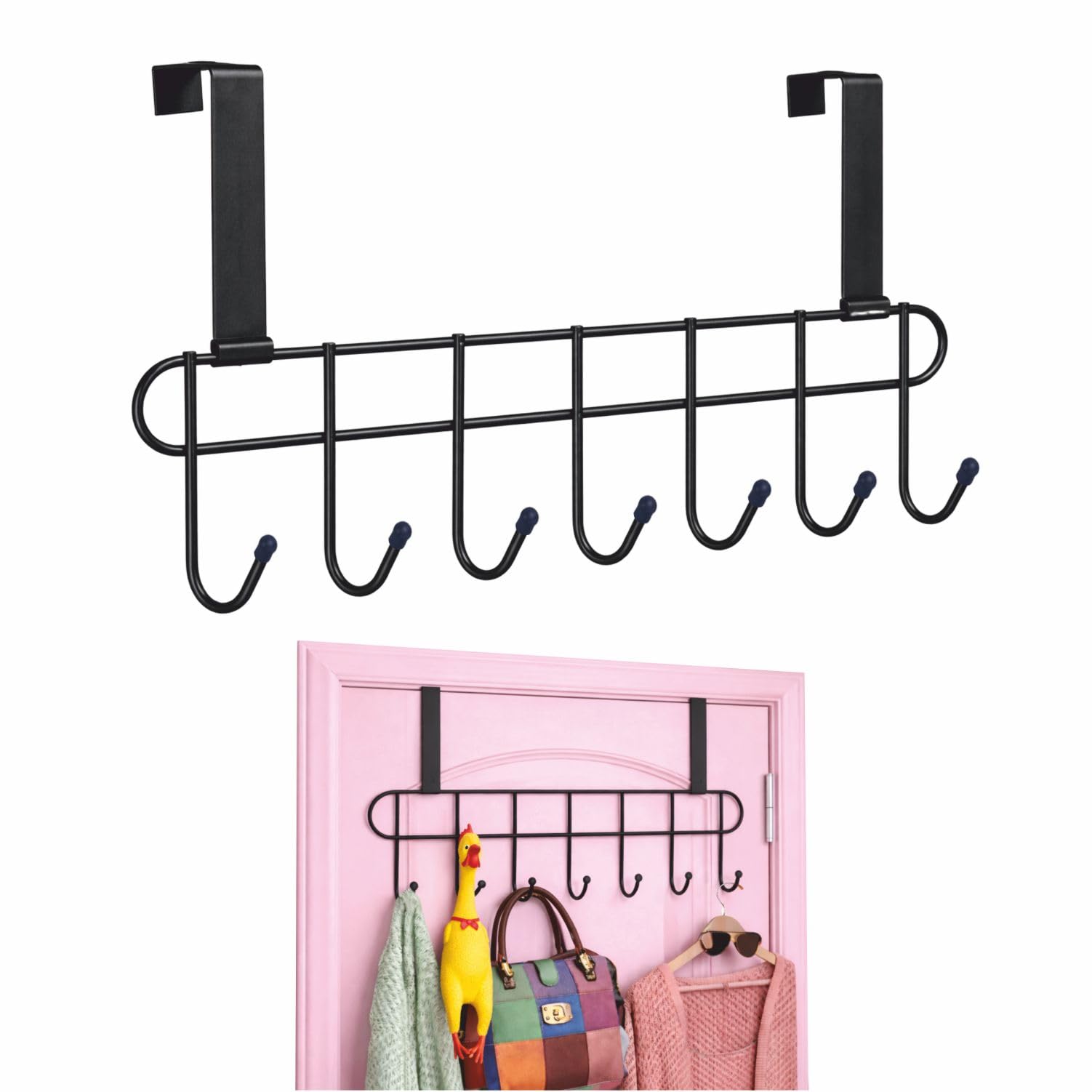 JIALTO Steel Over The Door Hook Hanger, Hanging Organizer Rack with No Hole Drilling Required for Bedroom, Bathroom & Kitchen Doors of Shirts, Belts, Towels with 7 Hook Rack (1 Black)