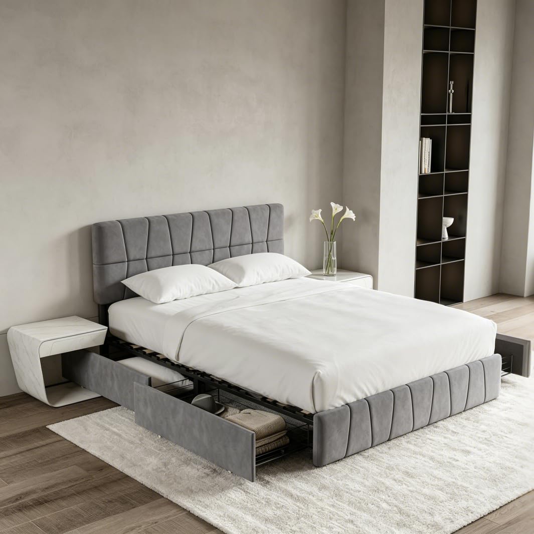 Letto Imbottito 160x200,Letto Matrimoniale con 4 Cassetti letto Matrimoniale Imbottito con contenitore Letti con Usb e Luce Led Letti Contenitore (grigio, velluto B, 160 x 200 cm)