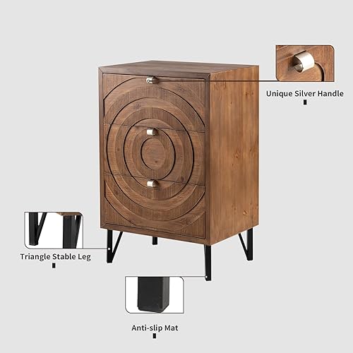 Miniatura 5 de HOMPUS Mesa auxiliar de 3 cajones con acabado de grano de madera, para sala de estar y dormitorio