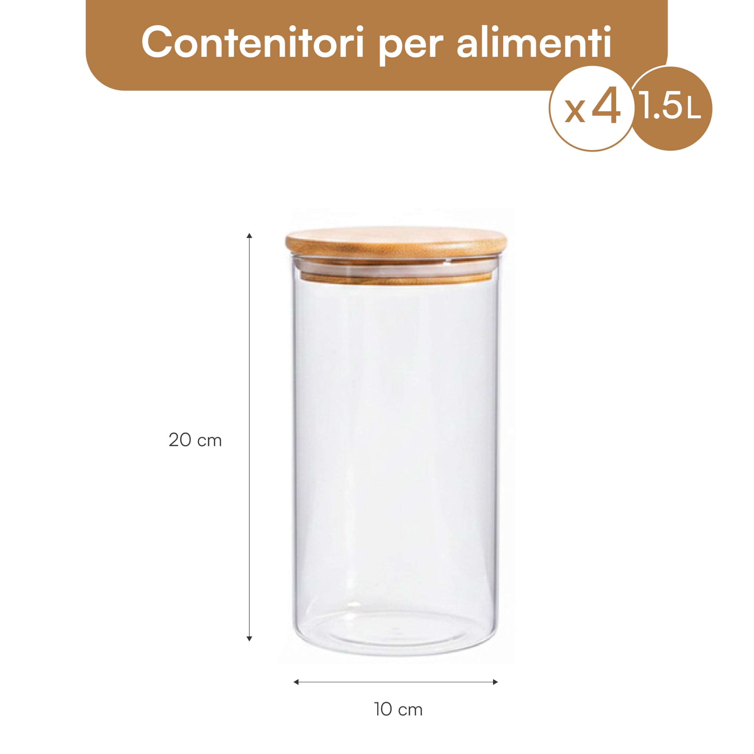 Baroni Home Set 4 Barattoli in Vetro Borosilicato con Tappo in Bamboo, 1.2 L Contenitori Alimentari Ermetici Lavabili in Lavastoviglie, Design Minimal, 20 cm