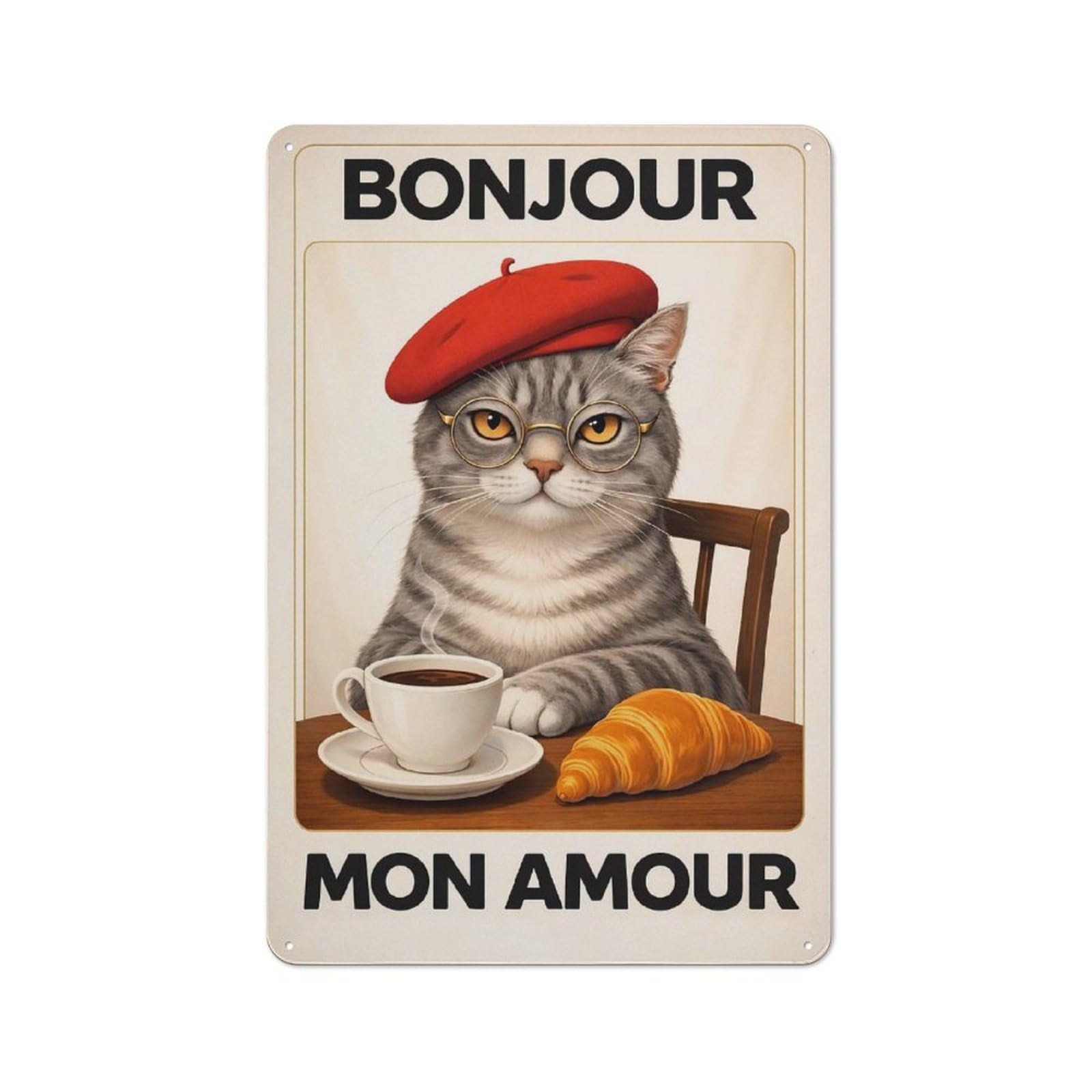Junmoney Style-14 Tin Wall Plaque 30X20cm With Bonjour Mon Amour Cat For Man Cave Or Games Room, For Vintage Wall Decor Fans, For Themed Room Decoration
