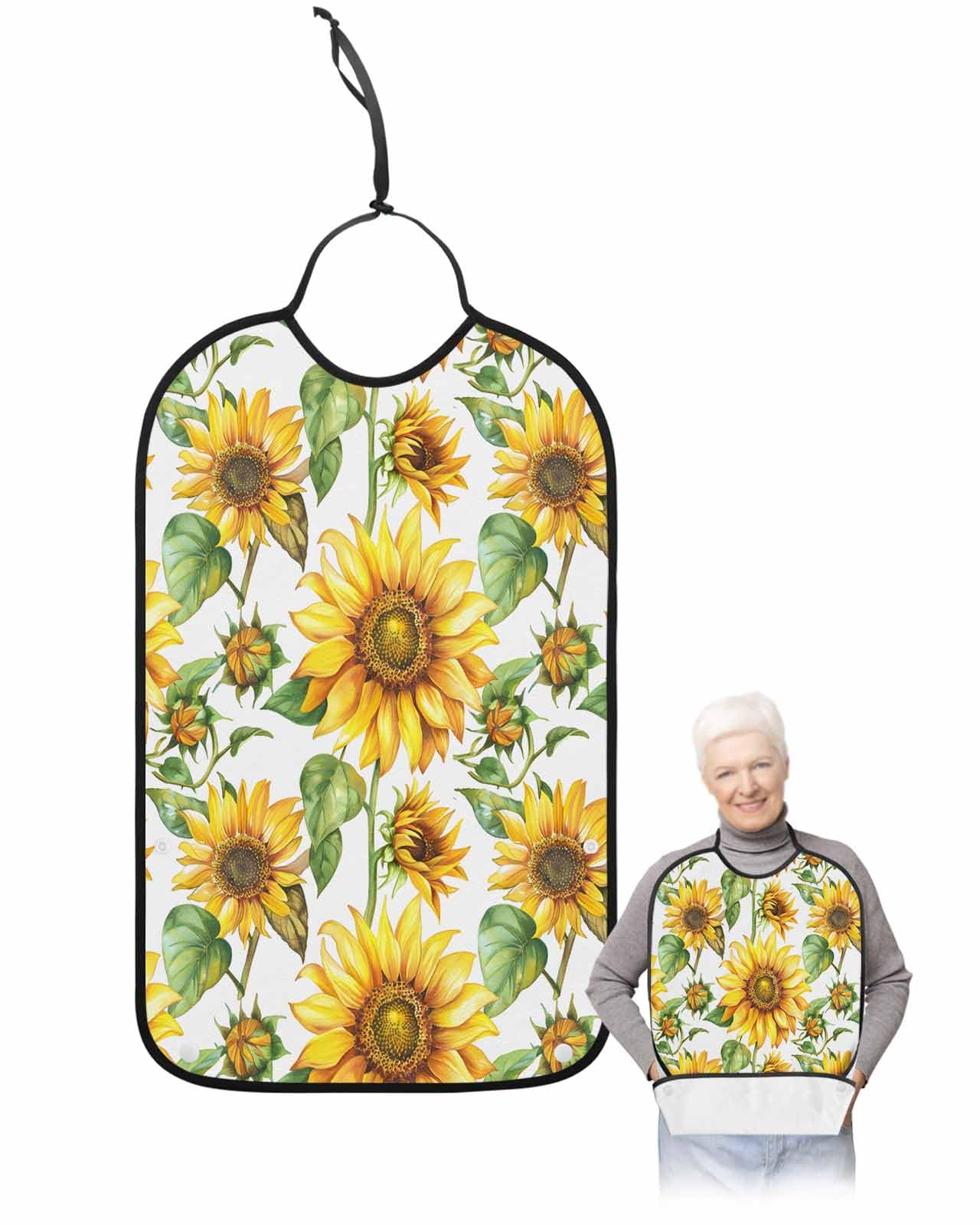 Sunflower Adult Bibs for Elderly Women Men Washable Bibs for Eating, Vintage Yellow Floral Spring Summer Plant Waterproof Clothing Protectors Adult Bibs with Crumb Catcher