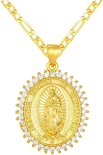 Collar Nuestra Señora de Gudalupe de 20" Chapado en Oro de 14K - Guadalupe Medalla Oro Laminado - Guadalupe Cadena Para Mujer- Collar Virgen María,
