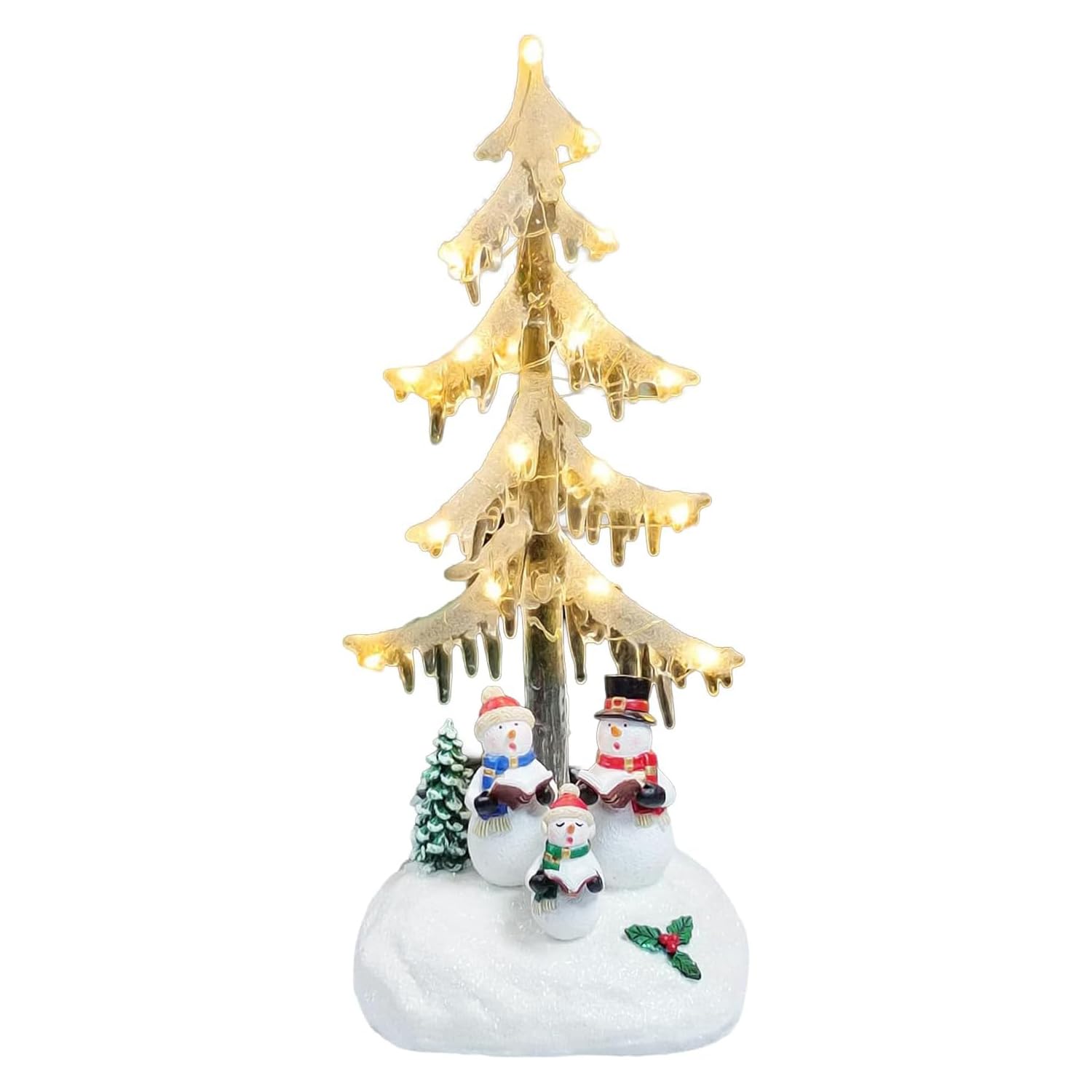 MOMENTS IN TIME Árbol de carámbanos acrílico iluminado por LED de 33 cm de alto con muñeco de nieve, coro de Navidad
