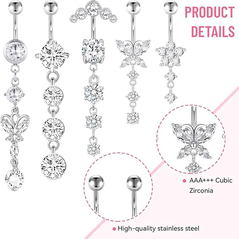 5 Pezzo Piercing Ombelico Piercing Ombelico Pendente in Acciaio Inossidabile Set Cuore Farfalla Gioielli per Le Donne (Argento)