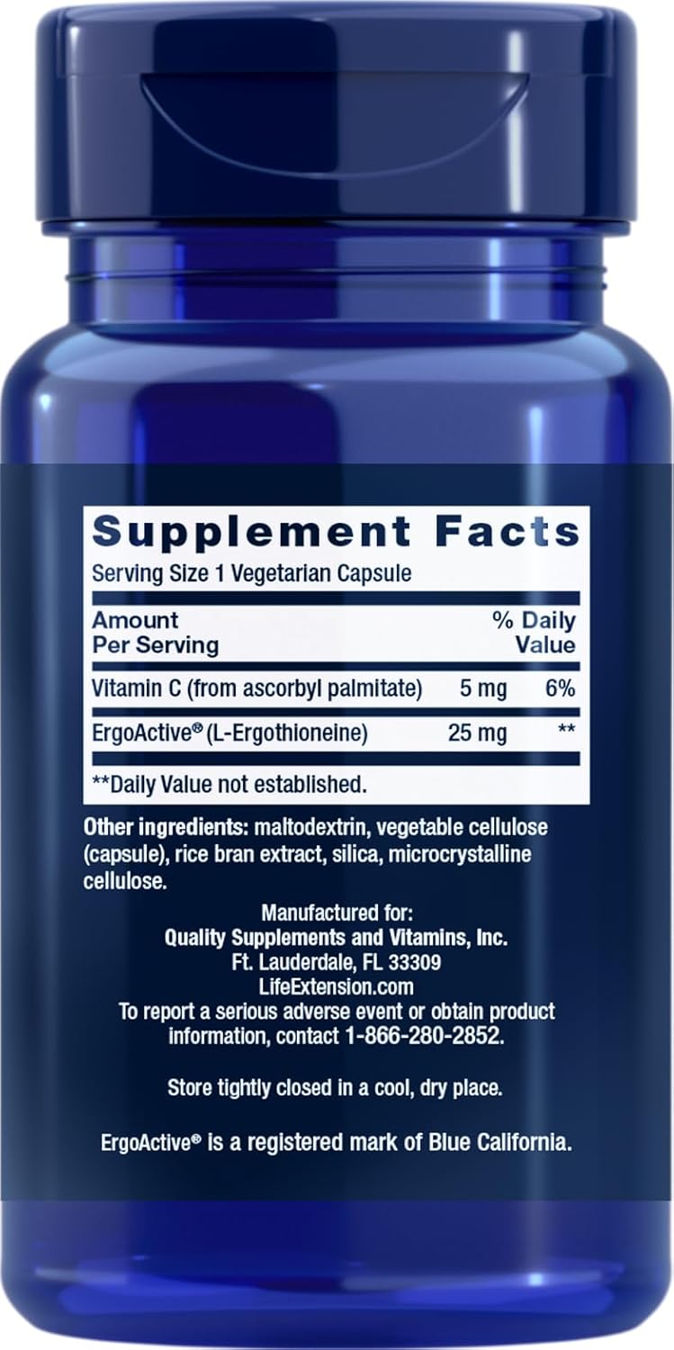 Life Extension Mega L-Ergothioneine, Healthy Aging Amino Acid, antioxidant, Powerful 25 mg dose, L-ergothioneine, Gluten-Free, Non-GMO, Vegetarian, 30 Capsules - Image 2