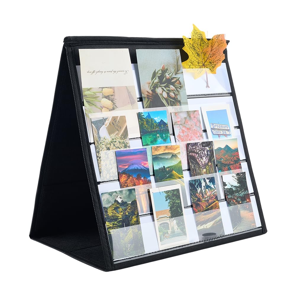 FINGERINSPIRE Desktop Tabletop Pocket Chart 325x318x13mm Black PVC & Non-woven Fabric Double Side and Self Standing Tabletop Teaching Classroom Pocket Charts with 20Pcs Board Card for Classroom