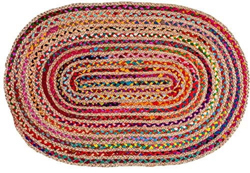 Chindi-Flickenteppich aus Baumwolle – Boho-Bauernhaus-Überwurf-Teppich, handgewebt, wendbar, natürliche recycelte Baumwolle, Wohnzimmer, Arbeitszimmer, Heimdekoration, Geschenk, 60 x 90 cm, oval