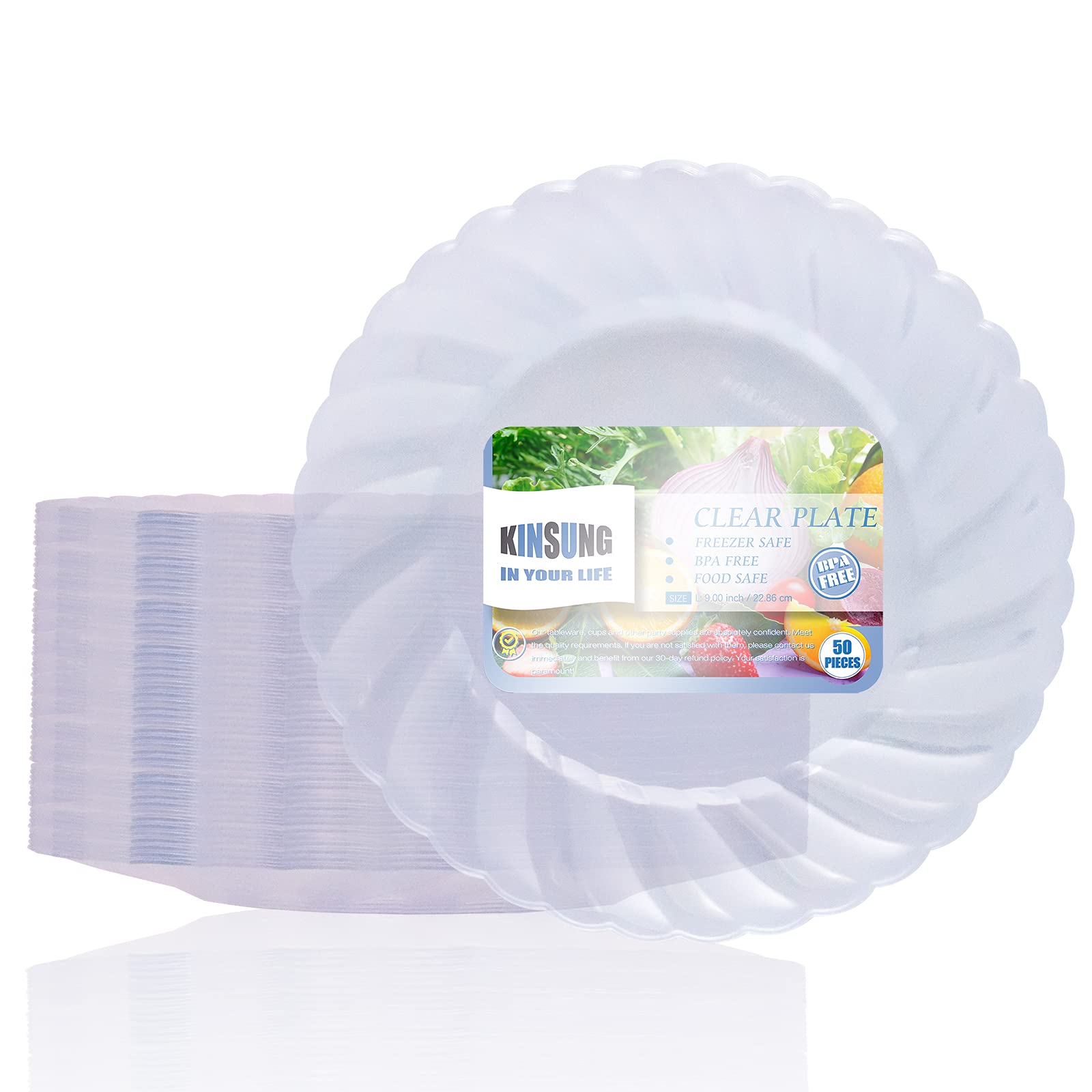 KINSUNG 50Pcs 9" Clear Plastic Plates - 9 Inch x 50 Premium Disposable Clear Round Plastic Plates - Party Supplies For Wedding, Birthdays, Celebrations, Buffets, Fiestas, Catering