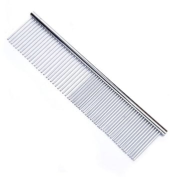 FFTONG Pet Steel Comb with Rounded Ends Stainless Steel Teeth,Metal Cat Dog Comb for Removing Tangles and Knots,Poodle Grooming Deshedding Tool, 7 1/2-inch L