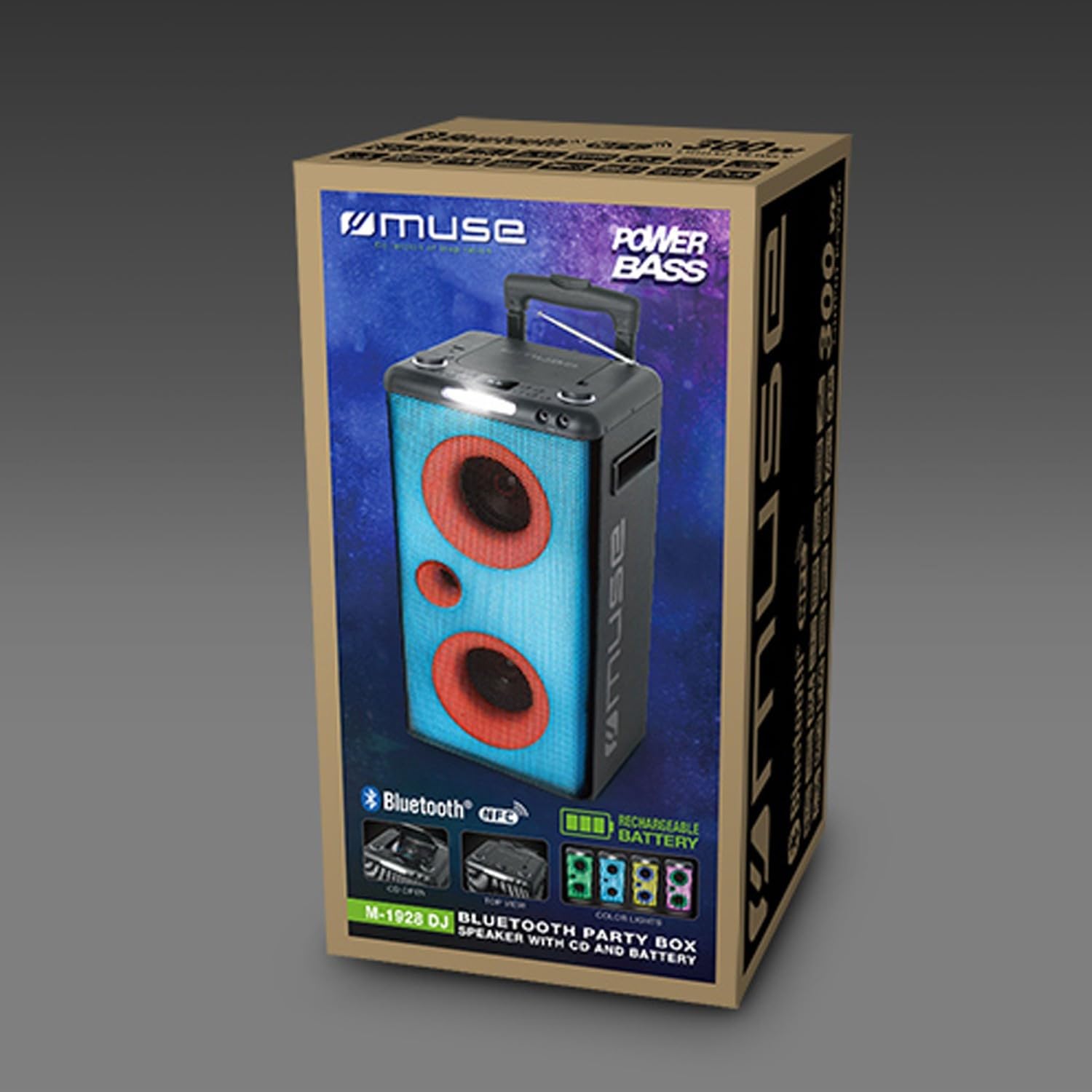 MUSE M-1928 DJ Trolley-Soundanlage, Komplett Beleuchtet mit Display, CD-Player und Radio, Akkubetrieben, mit Party-Licht-Effekten, Mobile Musikbox, Bluetooth Lautsprecher mit Mikrofon