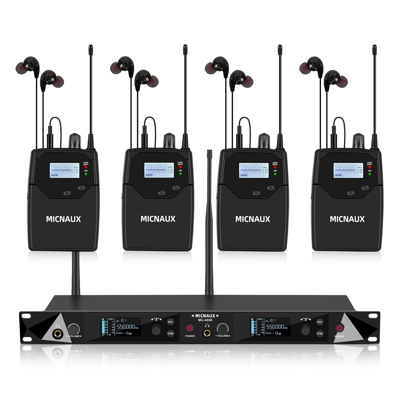 Sistema di monitoraggio wireless in-ear, sistema IEM UHF Pro Mono a 2 canali per musicisti cantanti, frequenze 2x40, portata 100,6 m, trasmettitore per montaggio su rack e ricevitore bodypack