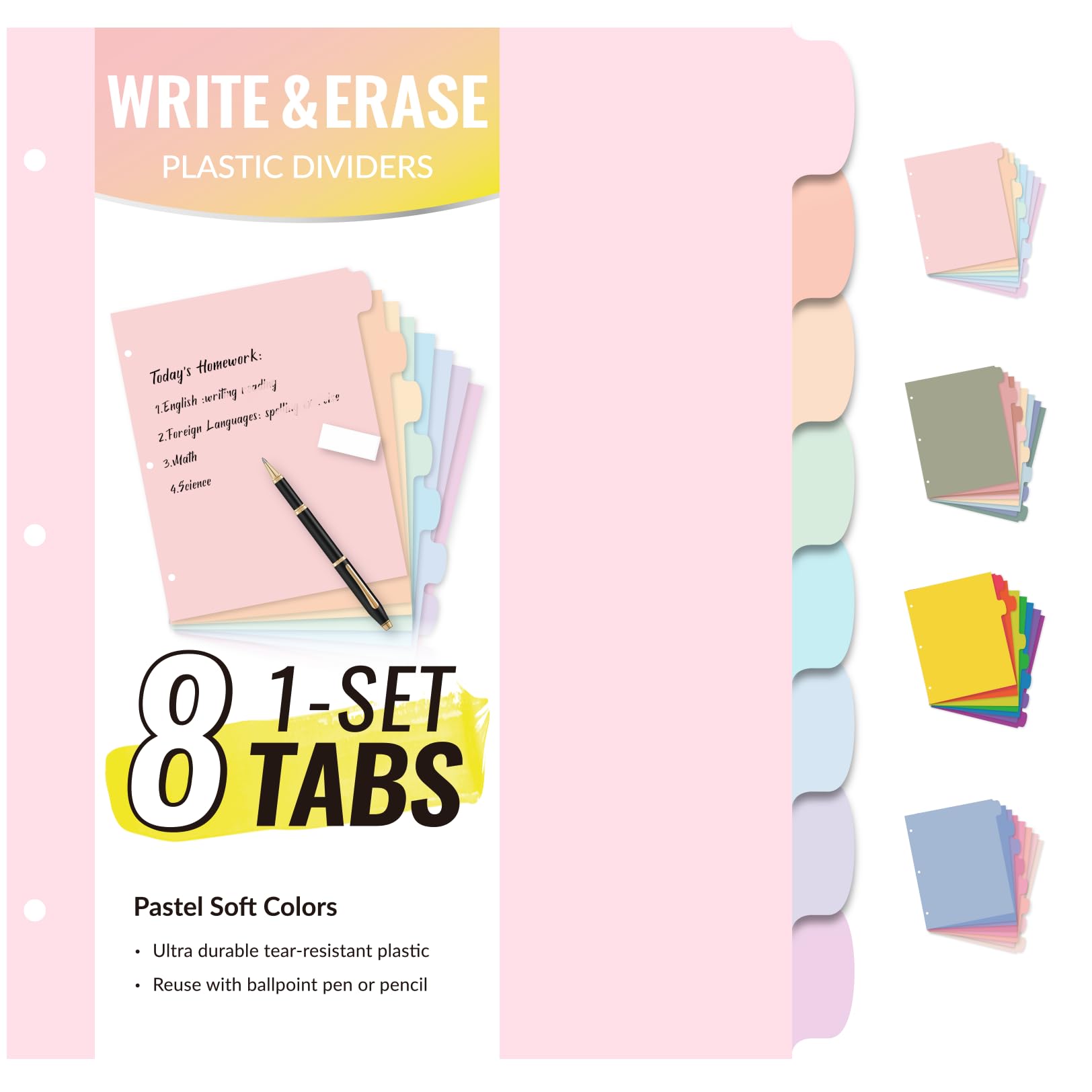 Sooez 8 Tabs Long-Lasting Plastic Write & Erase Large Tabs Dividers for 3 Ring Binder, Aesthetic Cute Pastels Binder Dividers for Student, Teacher, Office, Home Organizers, 1 Set, Pastels Color
