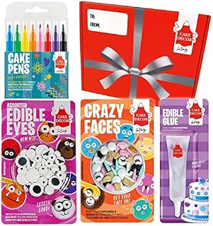 Cake Décor Cake Face Decorating Kit with Edible Eyes, Crazy Faces, Edible Ink Pens & Edible Glue | Kids Fun & Edible Decorations for Cakes, Cupcakes, Biscuits, Mallows and Cake Pops