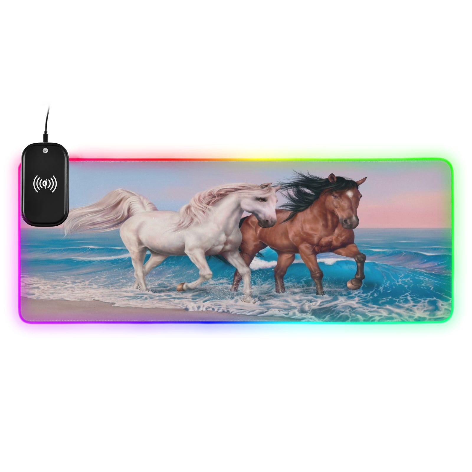 Horse Sunning Seacoast Beach Gaming Mouse Pad Led Mousepads RGB Backlit with 14 Lighting Modes, Non Slip Base Soft Computer Keyboard Mat for Gaming PC Laptop Desk, S