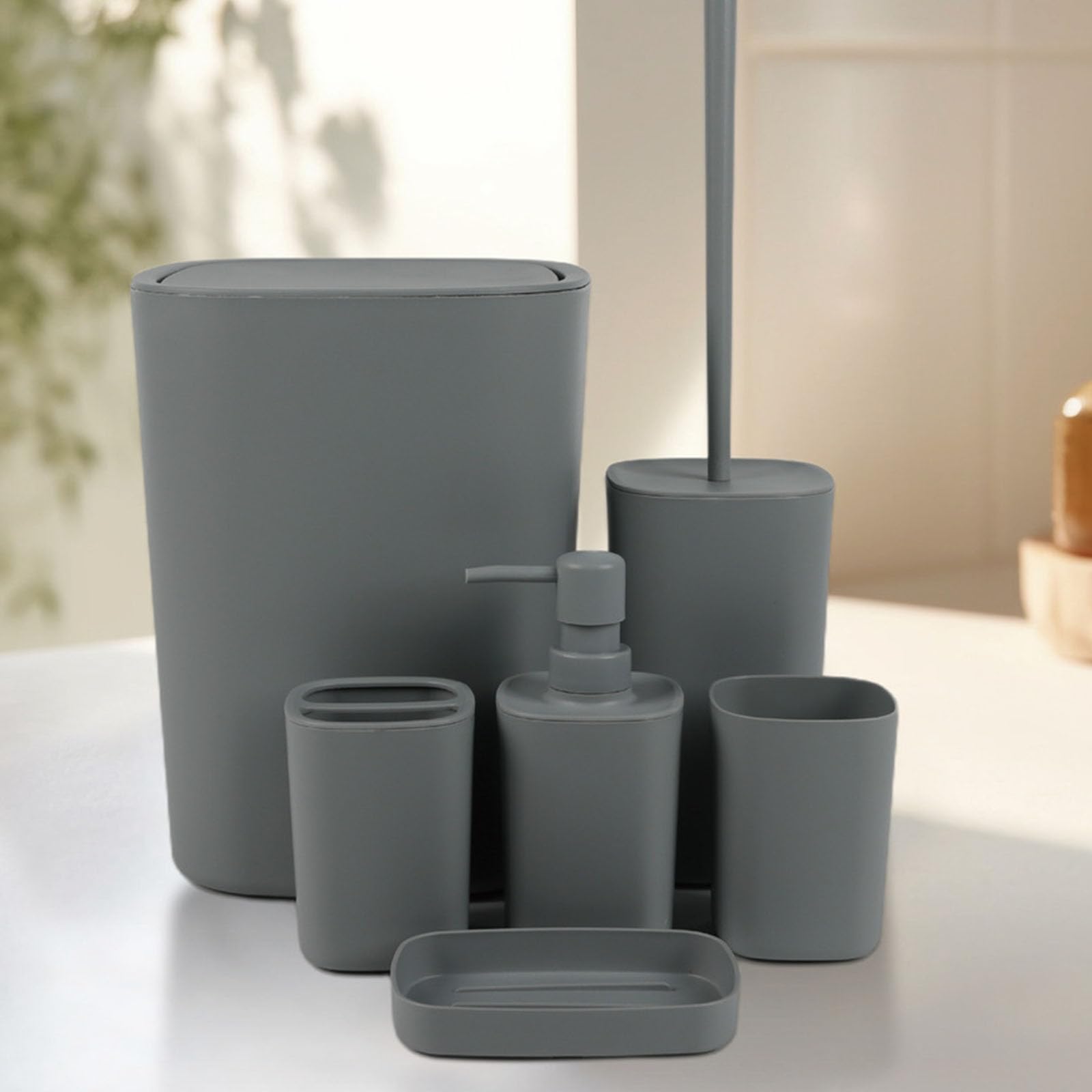 Juego de almacenamiento impermeable de 6 piezas, incluye estante para cepillos de dientes, cesta de basura para decoración familiar, buen juego con cubo de basura