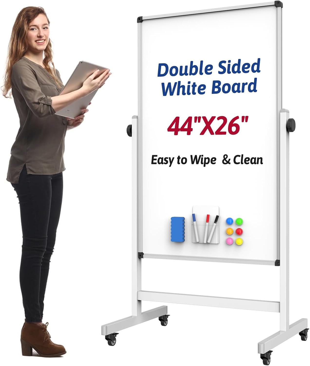 Rolling Whiteboard, 44 x 26 Double Sided Magnetic Dry Erase Board Height Adjustable Whiteboard on Wheels with Sturdy Aluminum Frame for Home Office Classroom 44" x 26"