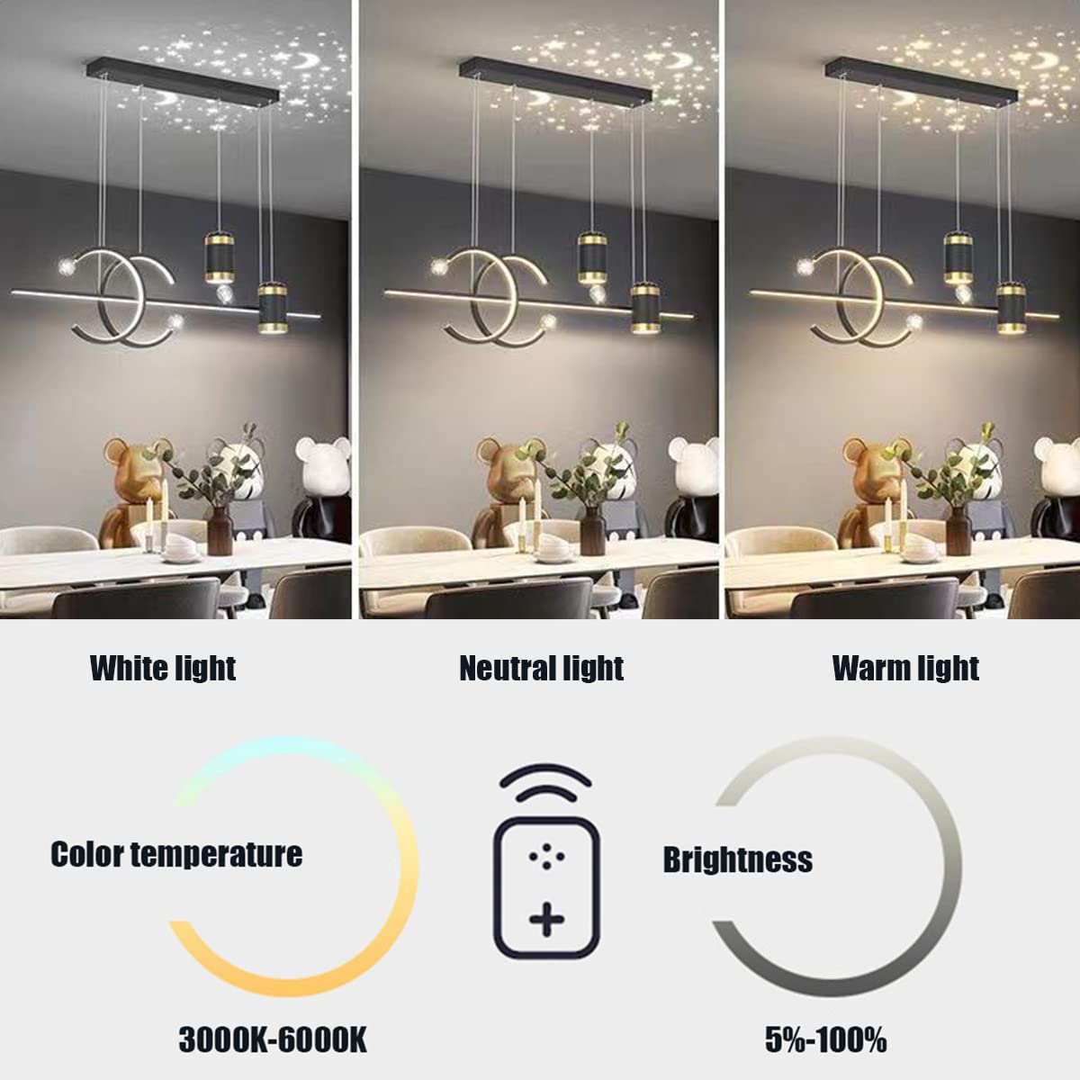 Bellastein Moderne LED Esstisch Hängelampe Neu Entwurf sternenklarer Himmel Pendelleuchte Höhenverstellbar Fernbedienung Hängeleuchte für Esszimmer Wohnzimmer Büro Pendellampe (Schwarz)