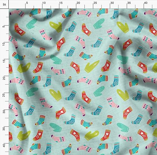 Image of Soimoi Green Heavy Satin Fabric Socks & Gloves Folk Art Print Fabric by Meter 54 Inch Wide