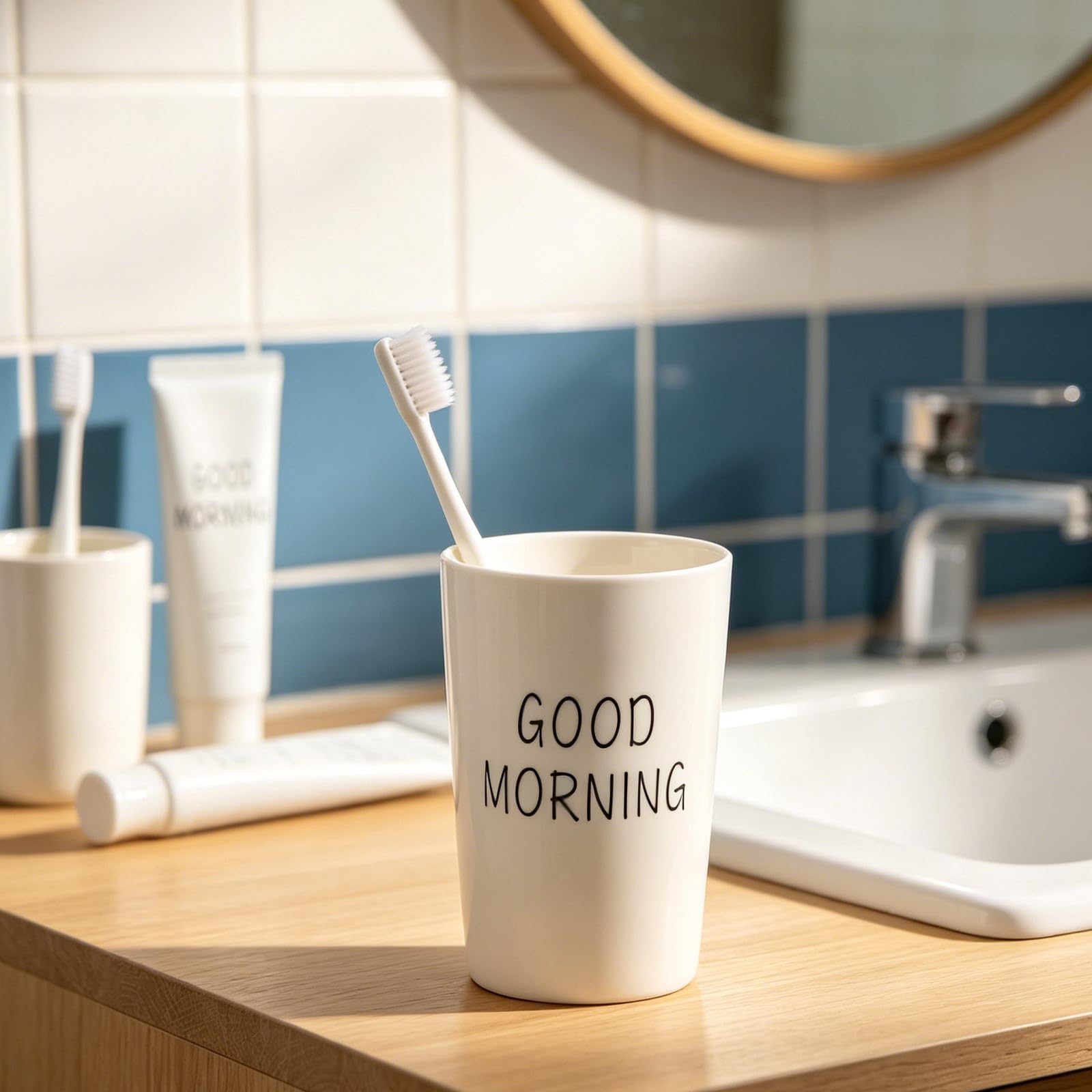 SHINEOFI 2 Piezas Vaso Diseño Simple y Elegante para Baño Estilo Americano de Cerámica de Color Claro Material Resistente y Fácil de Limpiar para Cepillo de Dientes