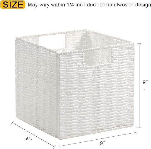 Miniatura 2 de Vagusicc Cestas de almacenamiento de mimbre, juego de 2 cestas de almacenamiento de cuerda de papel tejidas a mano, cubos plegables de color blanco,