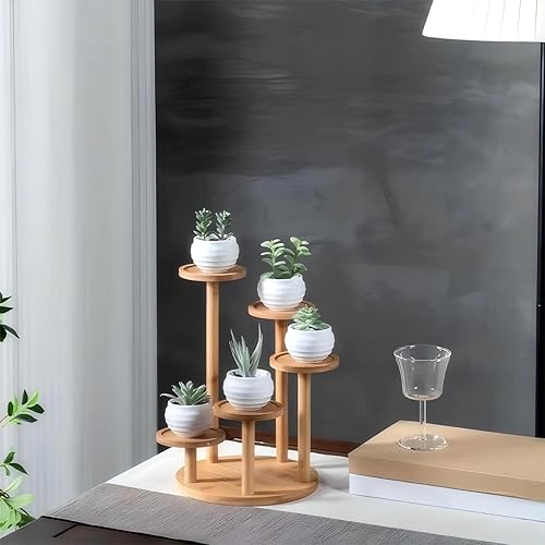 Miniatura 6 de Soporte de escritorio de 5 niveles para plantas, estante redondo de bambú para plantas, soporte de mesa para suculentas, soporte para plantas de