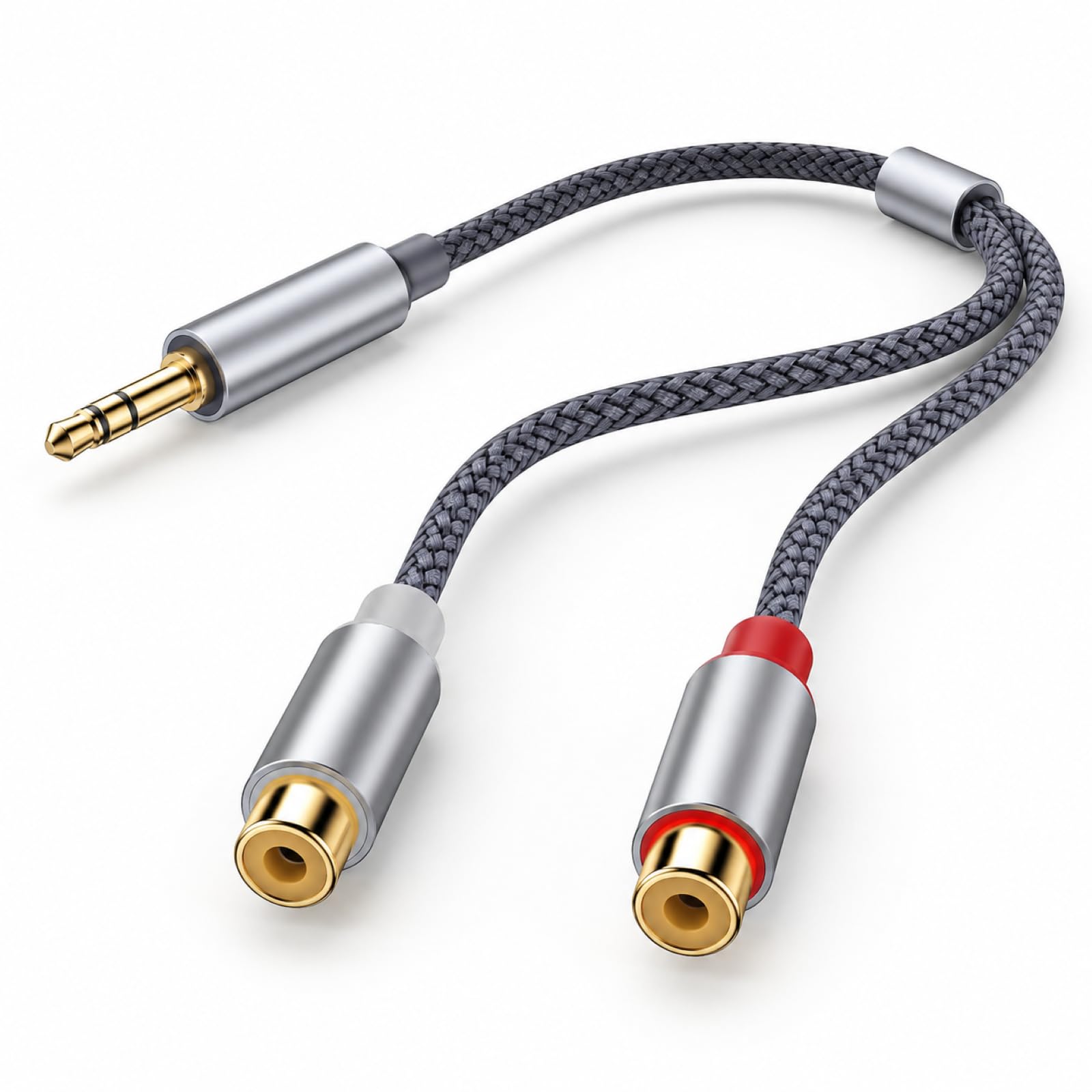 3.5mm Klinke Stecker auf 2 Cinch Buchse, RCA to 3.5mm Adapter mit Vergoldeten Anschlüssen und Nylonmantel für Smartphone Tablet MP3 Player Lautsprecher Verstärker, Gehäuse aus Aluminiumlegierung