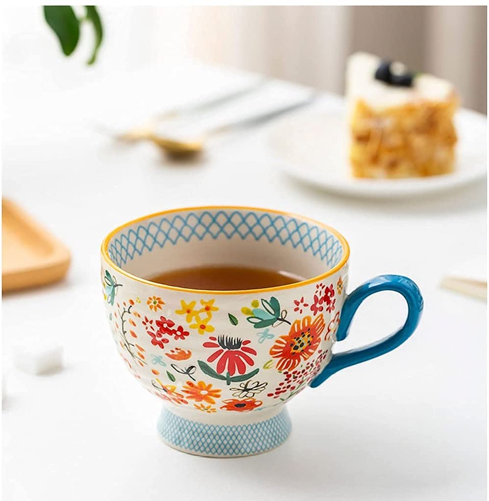Kaffeetassen aus Glas mit Blumenmuster, Emaille-Glasbecher, Emaille-Blumen-Teeglas, Kaffeetasse, Glasbecher, europäische Retro-Keramiktasse, Frühstücks-Müsli-Tasse, Heimpaar, große Kapazität, Tee