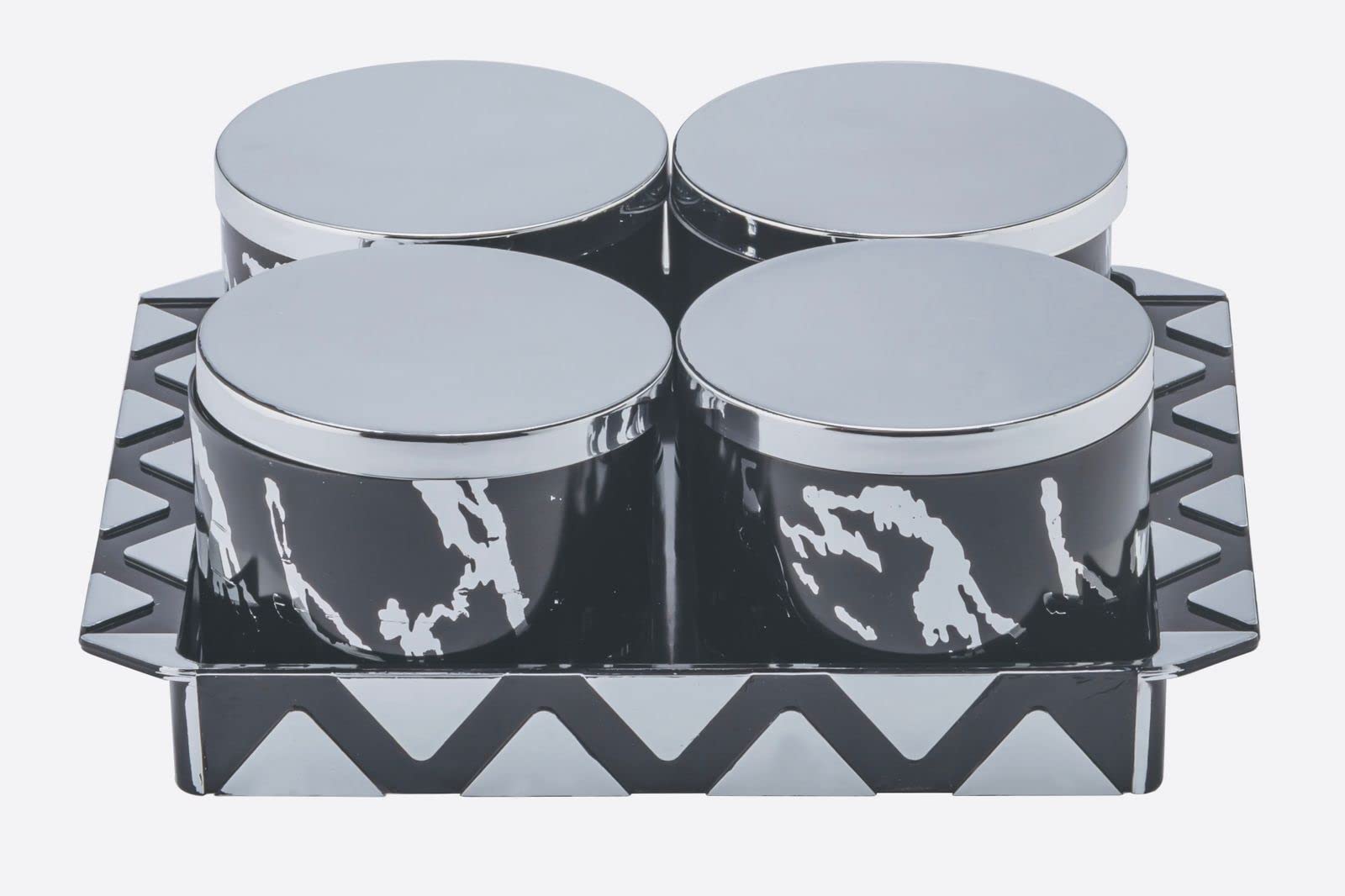 BOQIN Diwali Special Dry Fruits Serving Unbreakable & Air Tight Dry Fruit Container Tray Set with Lid & Serving Tray, Airtight Container Set 430ml (4 Pieces, White, Polypropylene) (BLACK&GREY PETTEN)