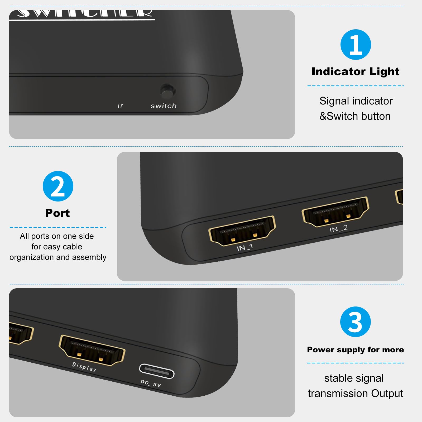 HDMI-Umschalter, 8K/60 Hz, 4K/120 Hz HDMI-Splitter, 3-in-1-Ausgang, HDMI-Umschalter, Unterstützt HDCP 2.3, LPCM7.1, DTS-HD, Dolby-True HD, DTS-X, Dolby Atoms
