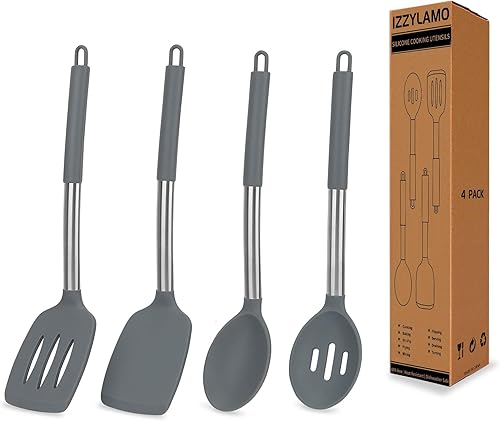 Juego de 4 utensilios de silicona, espátulas sólidas antiadherentes, cucharas ranuradas con mango de acero inoxidable, espátulas para cocinar,