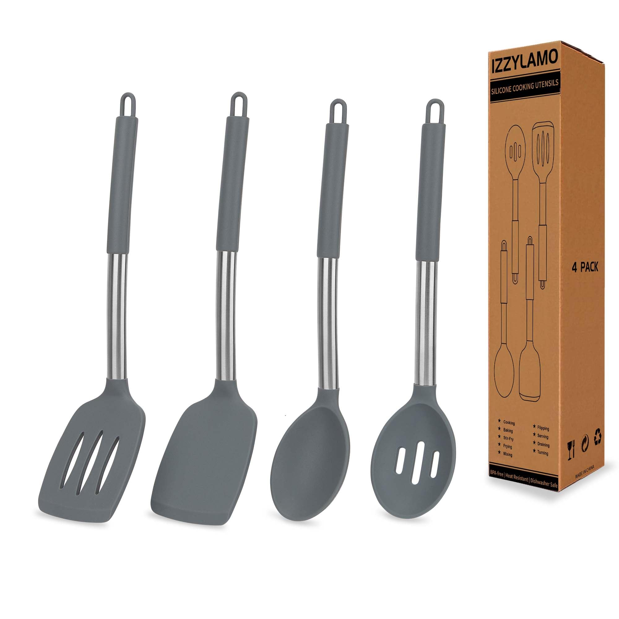 Juego de 4 utensilios de silicona, espátulas sólidas antiadherentes, cucharas ranuradas con mango de acero inoxidable, espátulas para cocinar, freír, mezclar, servir, color gris
