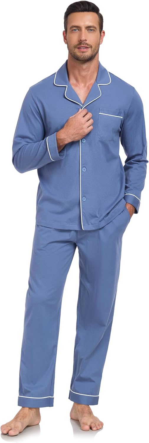 COLORFULLEAF Men's 100% Cotton Pajama Sets Breathable Long Sleeve Pjs Mens Cotton Sleepwear With Pockets - Image 6