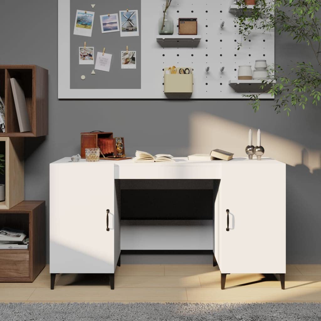Scrivania Bianca in Legno Multistrato 140x50x75 cm con 2 Scomparti e Struttura in Metallo per Ufficio Studio Casa Smartworking e Postazione PC Gaming Salvaspazio