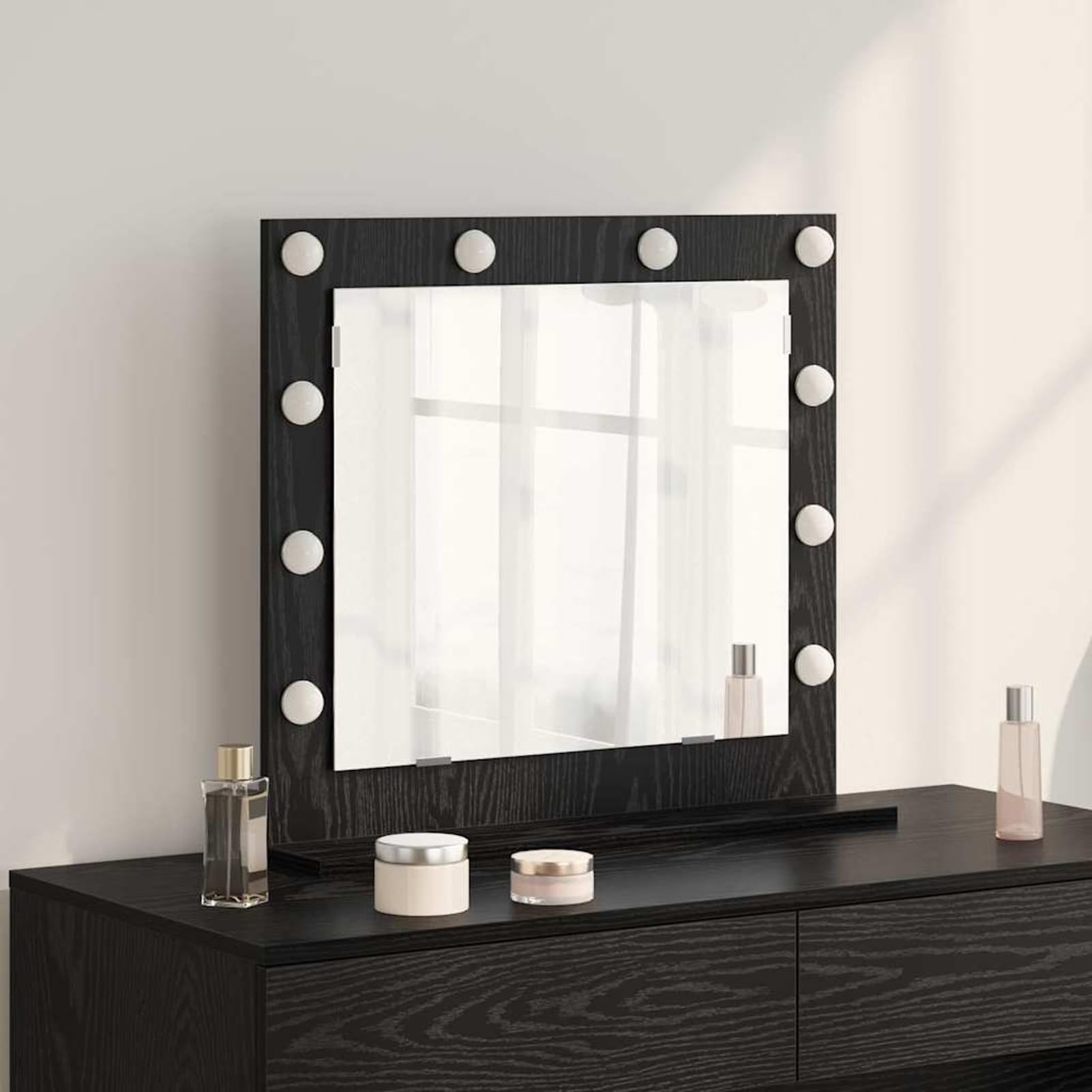 Gecheer Schminkspiegel mit LED-Lichtern Schwarz Eiche 60x55x18 cm, Deko Spiegel Bathroom Mirror für Badezimmer Make-up Rasur Wohnung Hotel868286