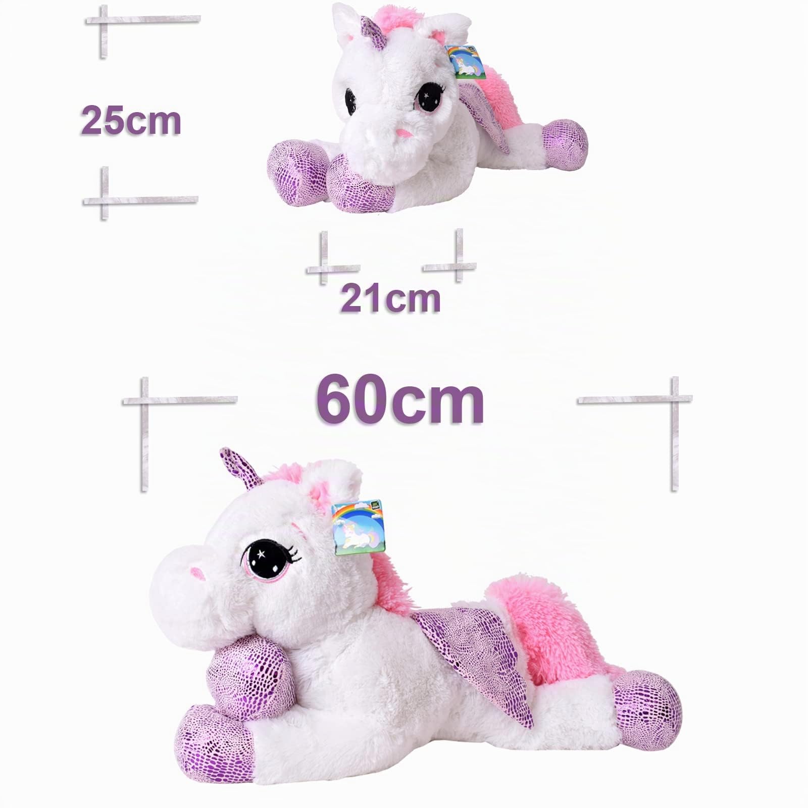 te-trend Caballo de Peluche Unicornio Unicornio tendida 60cm Fucsia o Blanco con púrpura Aplicaciones y ala - Blanco