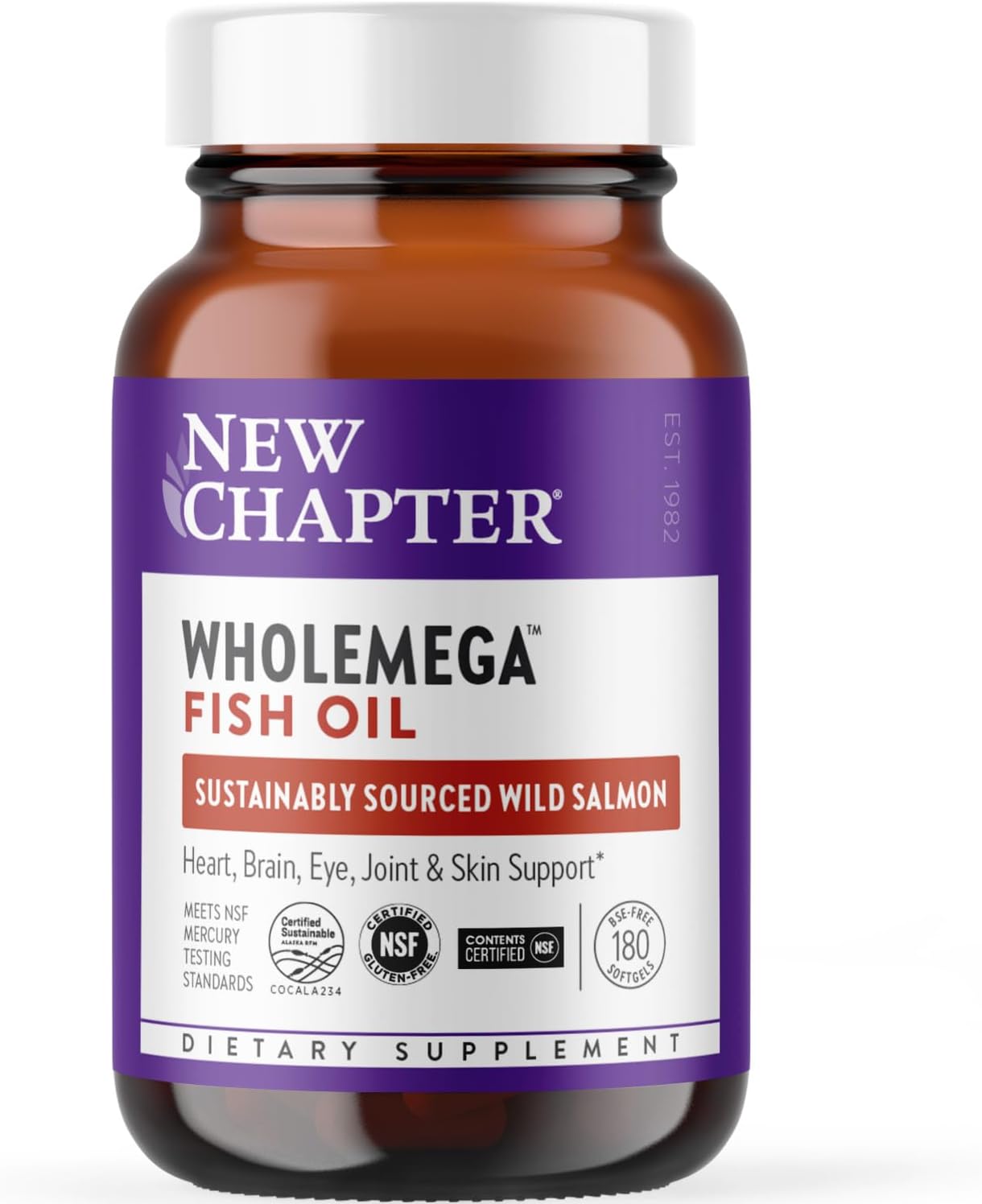 New Chapter Wholemega Fish Oil Supplement - Wild Alaskan Salmon Oil with Omega-3 + Vitamin D3 + Astaxanthin + Sustainably Caught - 180 ct, 1000mg Softgels Unflavored 180 Count (Pack of 1)