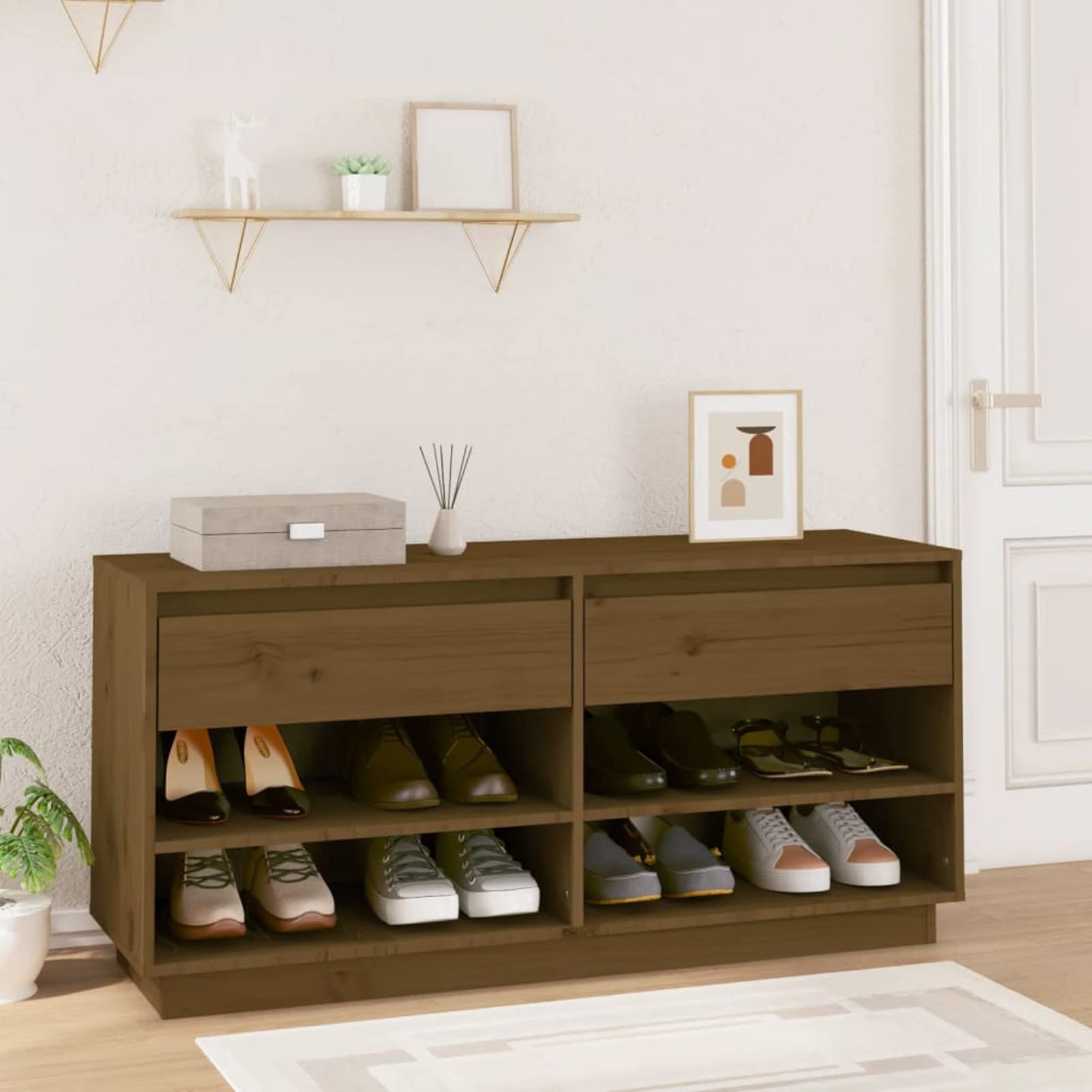 Tidyard Schuhschrank mit 2 Schubladen und 4 Fächer Schuhregal Schuhablage Schuhaufbewahrung Kommode Schuhständer Massivholz Kiefer Honigbraun 110x34x52 cm Küche, Haushalt & Wohnen