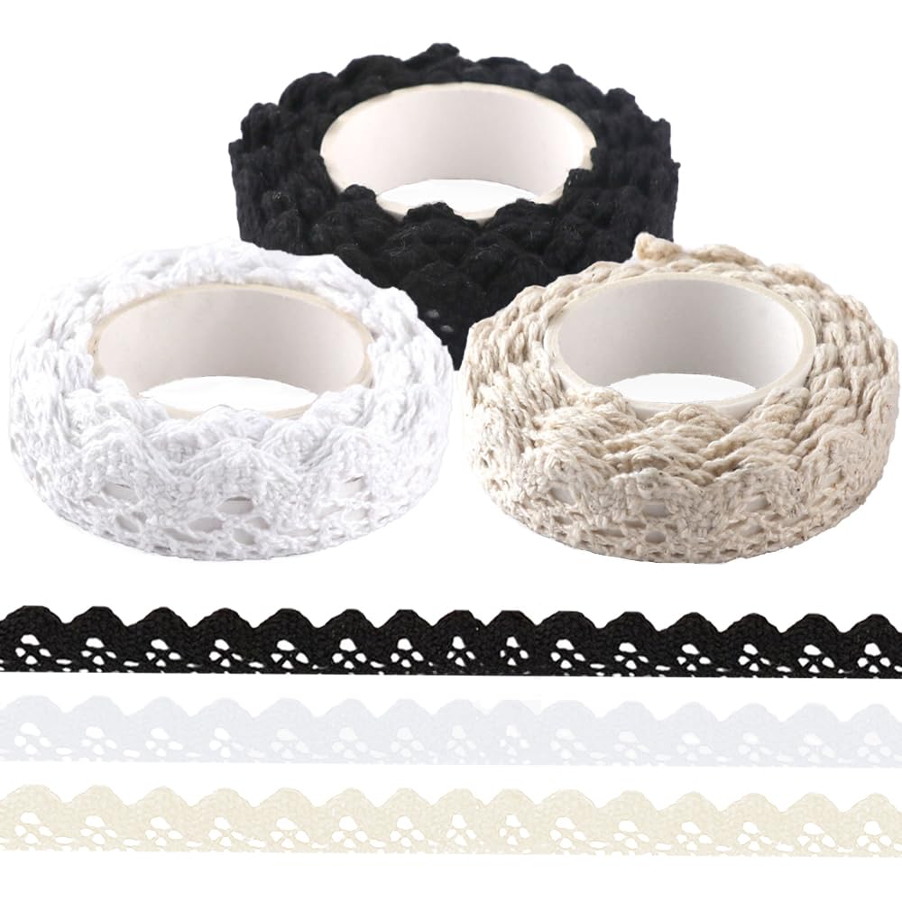 YFTRFR 3 Rolls Vintage Lace Trim Ribbon, Self Adhesive Decorative Ribbon Lace Trimming for Sewing 1.8 Meters Crochet Fabric Trim for Crafts Scrapbook Gift Box Wedding Decoration (3 Color)