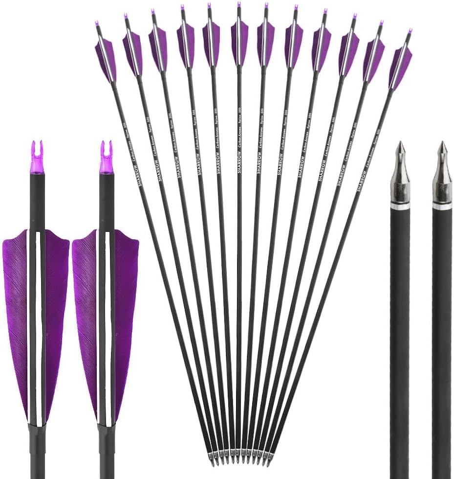 wolfman 12X 30 Carbon Arrows SP500 Feathers Points Recurve Compound Bow Archery Hunting