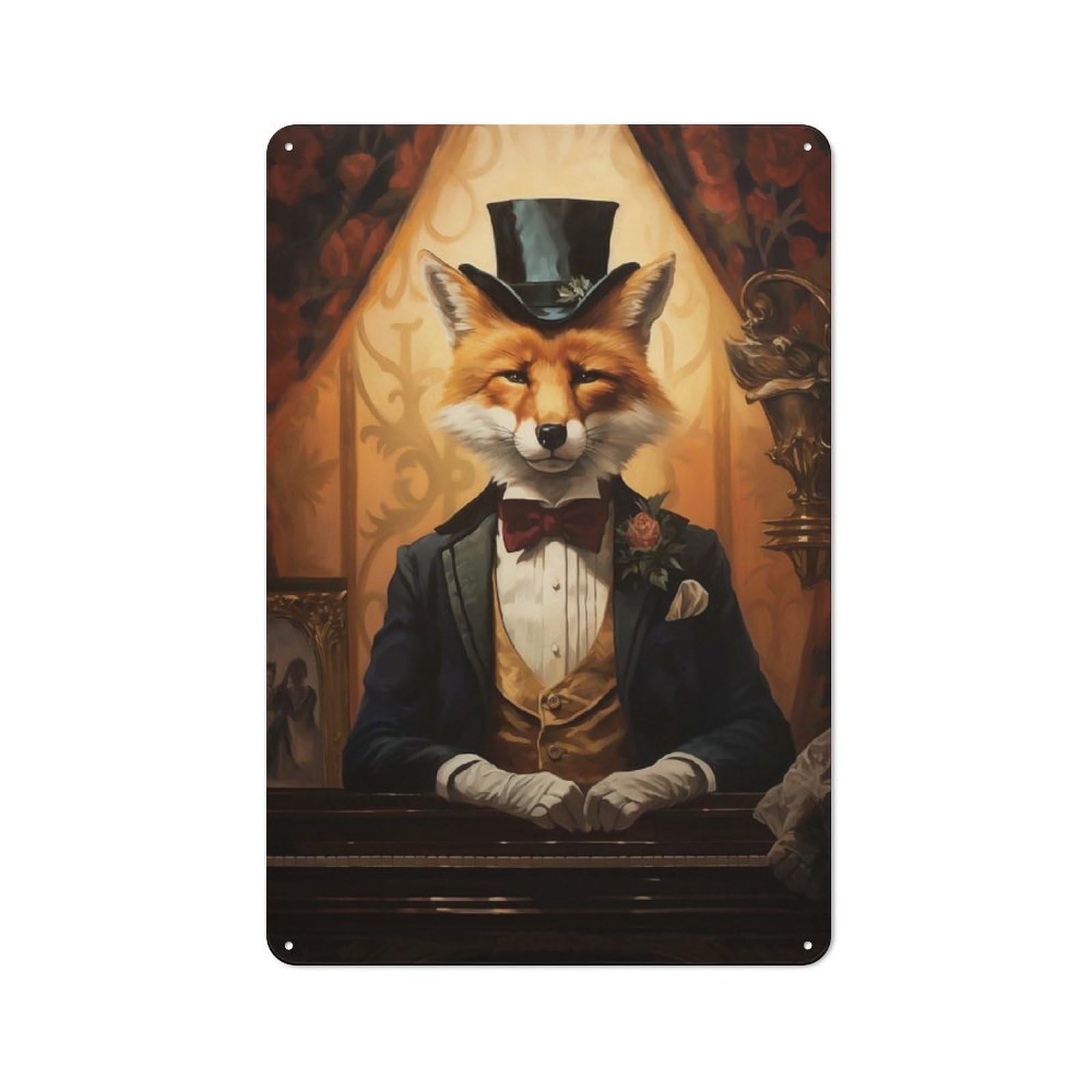 Junmoney Fox In A Tuxedo Vintage Tin Sign 30X20cm For Guest Room Or Hallway, Suited To Home Decor Collectors