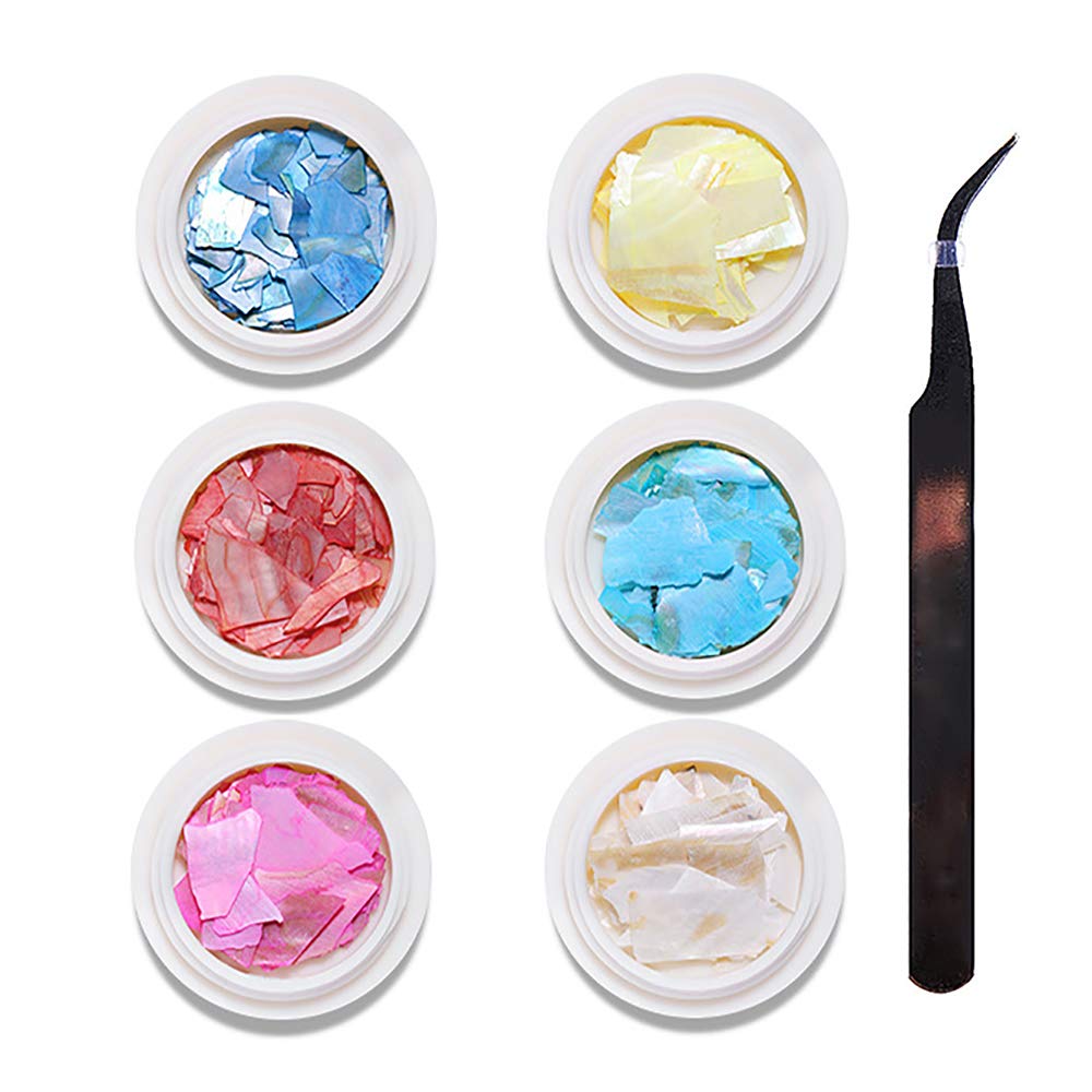 6 Boxes 3D Nail Art Shell Abalone Slices Nail Seashell Slices with Tweezers for Tips Manicure Decoration
