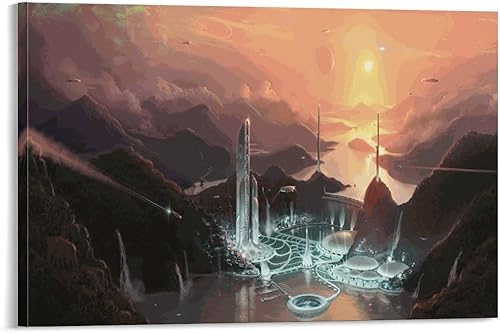 Póster de ciudad futurista de lugares interestelares y zonas de alta tecnología, pintura decorativa, lienzo, arte de pared, póster de sala de estar,