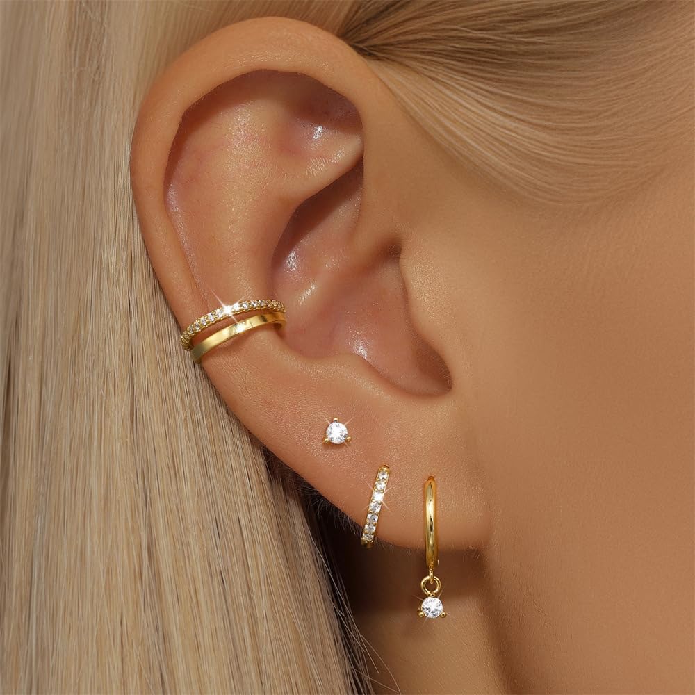 AOEDEJ 4 Pcs Gold Huggies Earrings Set for Women Small Hoop Earrings Stud Earrings for Women Hypoallergenic Gold Earring Set Studs Hoop Earrings Cuff - Image 3