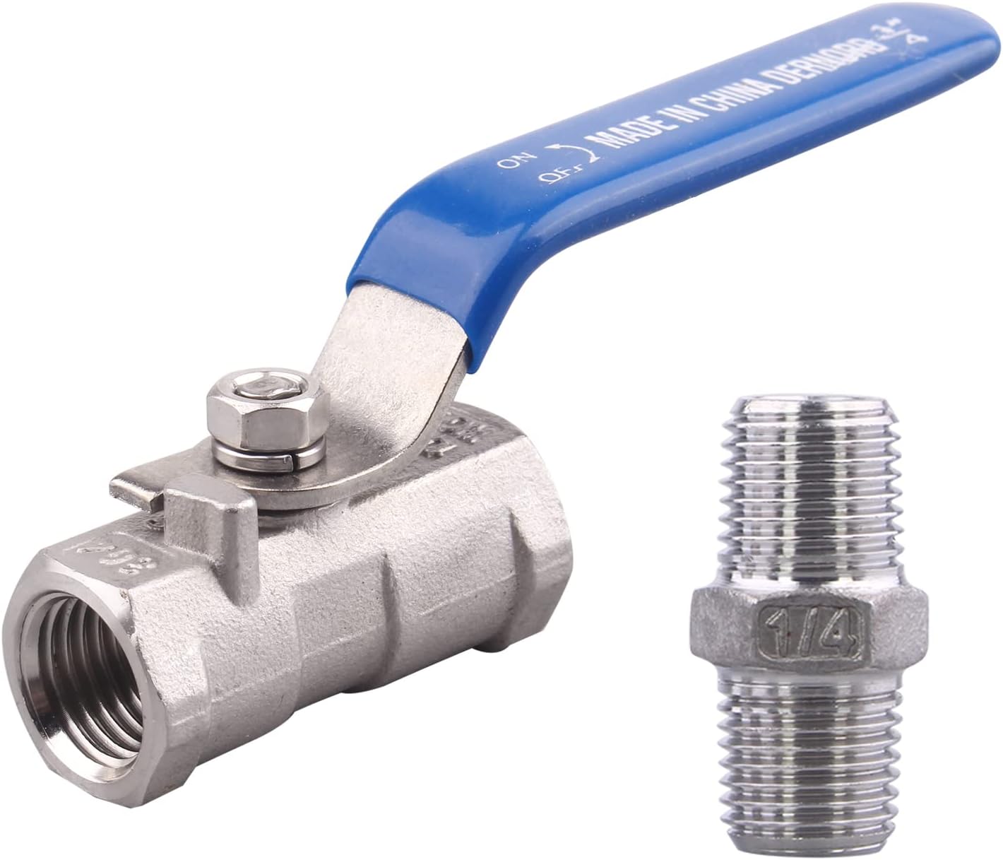 DERNORD 1PC Type Stainless Steel 1/4 Inch Ball Valve NPT Standard Port with Male Hex Nipple for Water, Oil, and Gas
