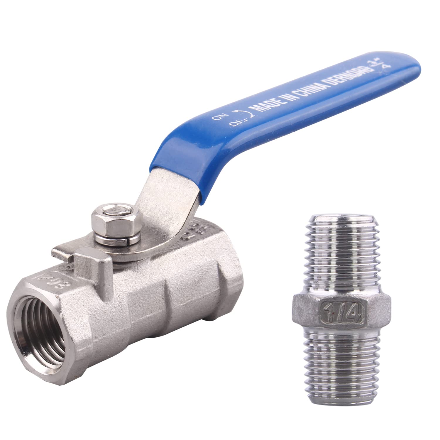 DERNORD 1PC Type Stainless Steel 1/4 Inch Ball Valve NPT Standard Port with Male Hex Nipple for Water, Oil, and Gas