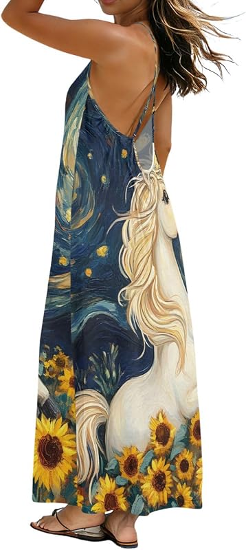 ALAZA Backless Cami Dresses for Women Unicorn Van Gogh Starry Sky Camisole‌ Lounge Dress Sleeveless House Dress Long Sundress XL