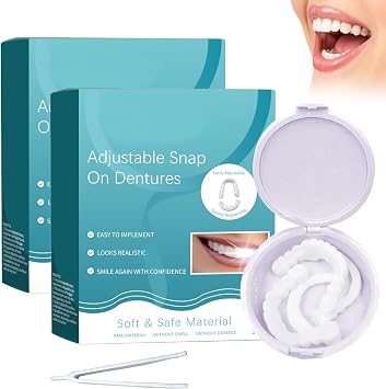 2pair False Teeth,Clip in Veneers Teeth,Snap on Veneers Teeth,Clip on Veneers Top and Bottom,Adjustable Snap Button Veneers Teeth,for Men and Women with Bad Teeth,with Tweezers