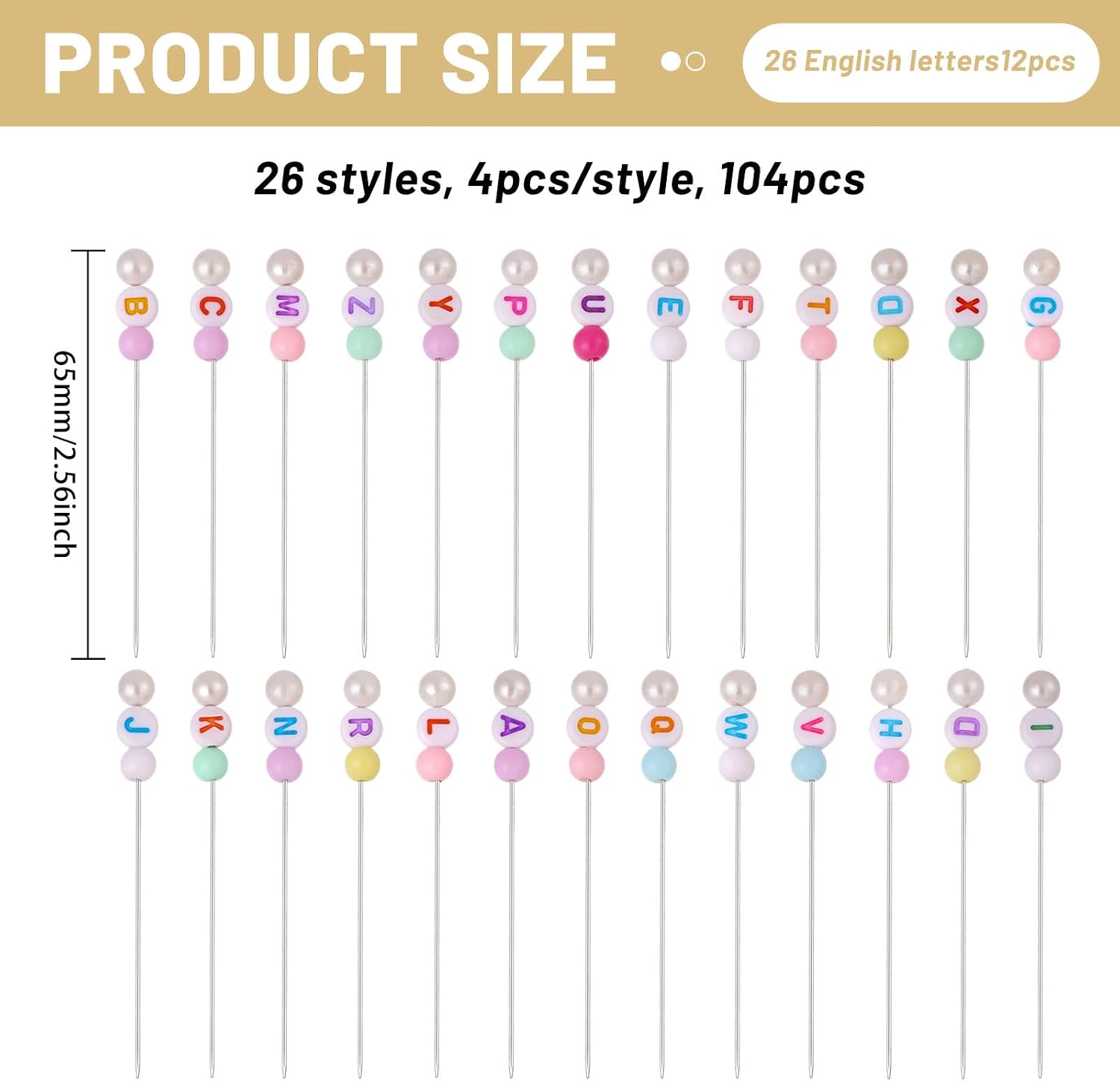 CHGCRAFT 104 Pcs 26 Style Letter Straight Pins Numbered Quilting Pin for Clothing Design Decorative Colorful Head Pins for Handcrafts Sewing Projects