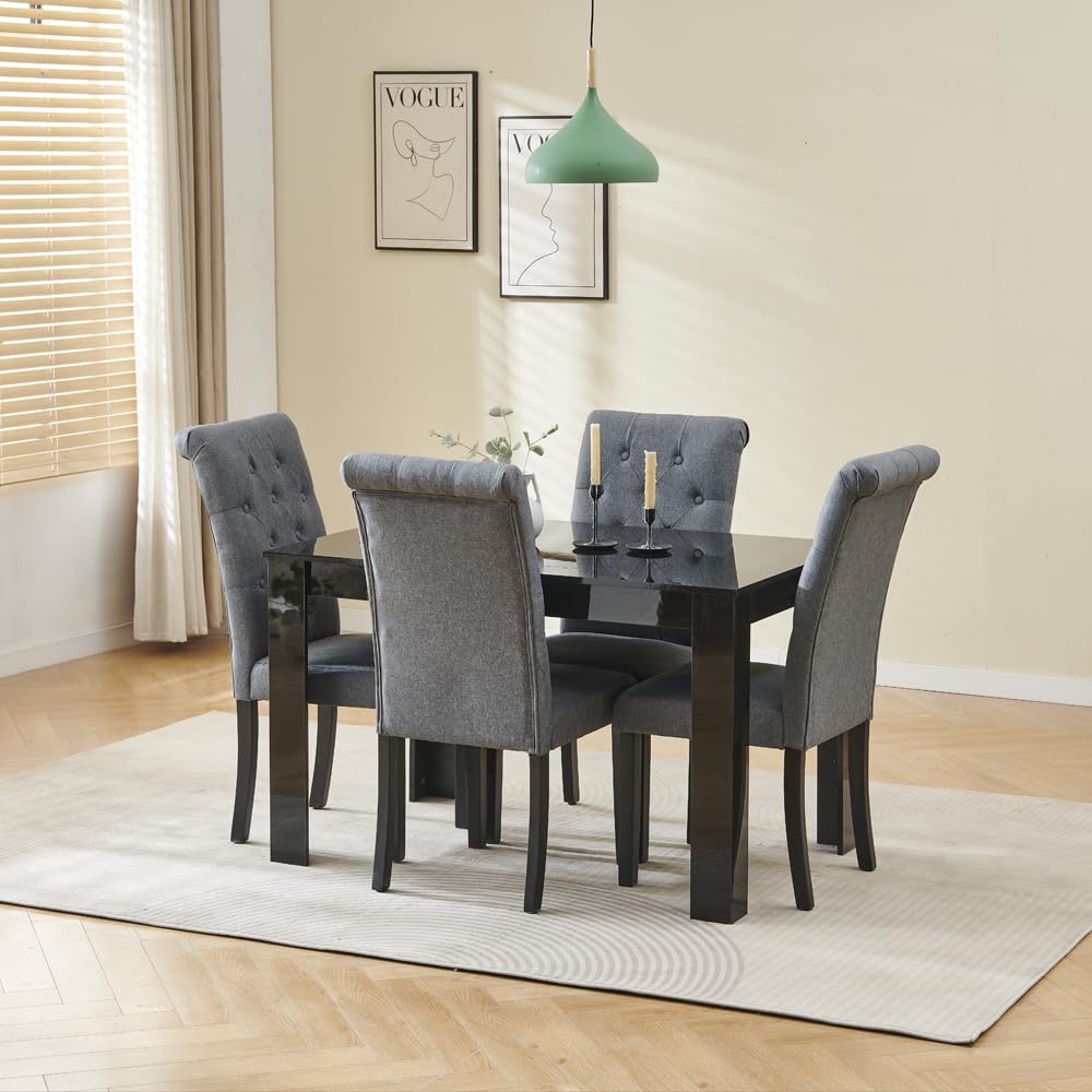 Menaka Modern Wooden Dining Room Table and Chairs Set of 4 for Small Space, 5 Pieces Rectangular Kitchen Table with 4 Chairs (110cm black table and 4 black leather chairs#1) — view 44